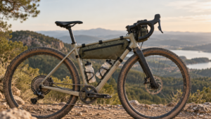 Bicicleta gravel con bolsa de cuadro para bikepacking instalada en el triángulo principal.