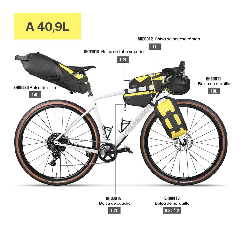 Kit de bolsas para bikepacking Rhinowalk Wilderness Amarillo 40,9L Configuración A 40,9L de Rhinowalk Wilderness Amarillo