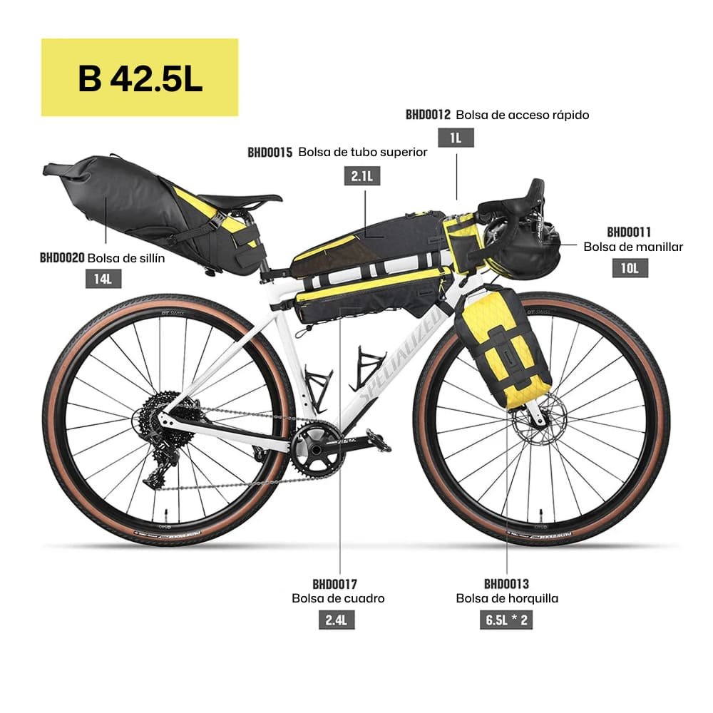 Kit de bolsas para bikepacking Rhinowalk Wilderness Amarillo 42,5L Configuración de Rhinowalk Wilderness con modelos y capacidad 42,5L