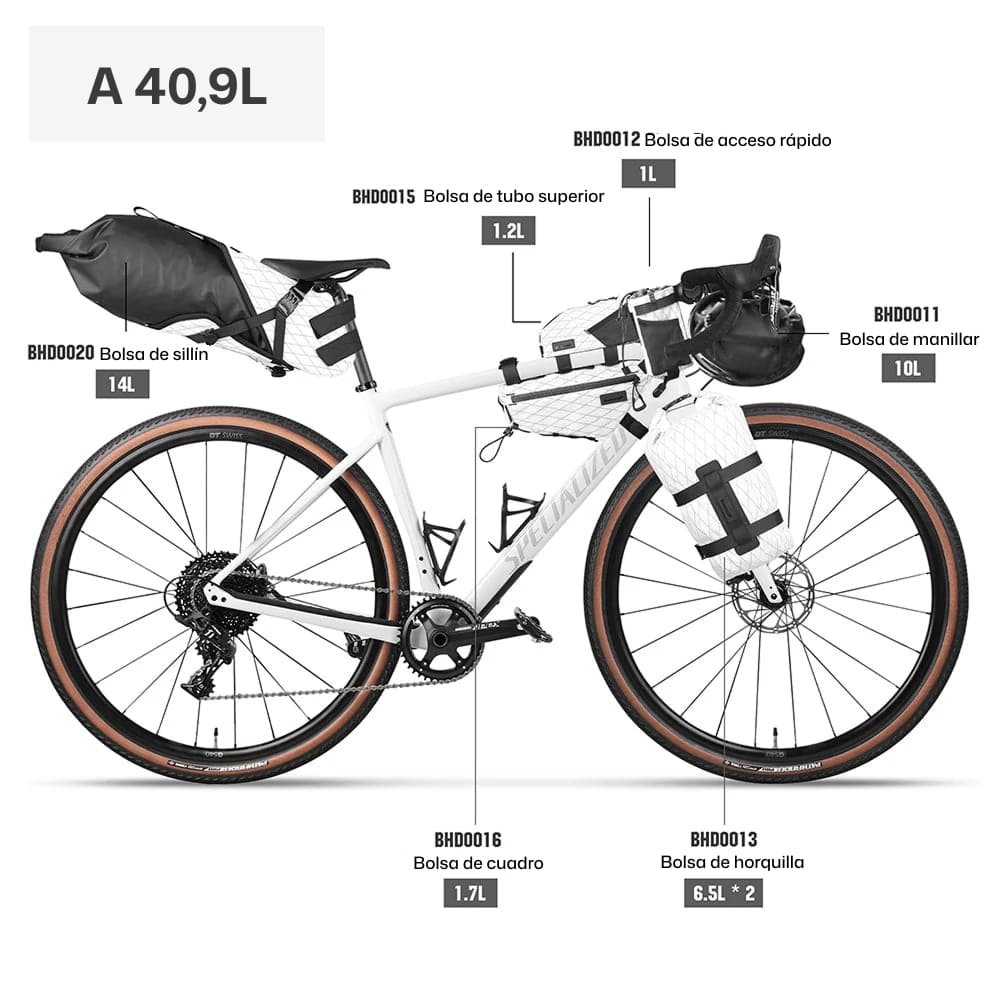 Kit de bolsas para bikepacking Rhinowalk Wilderness Blanco 40,9L