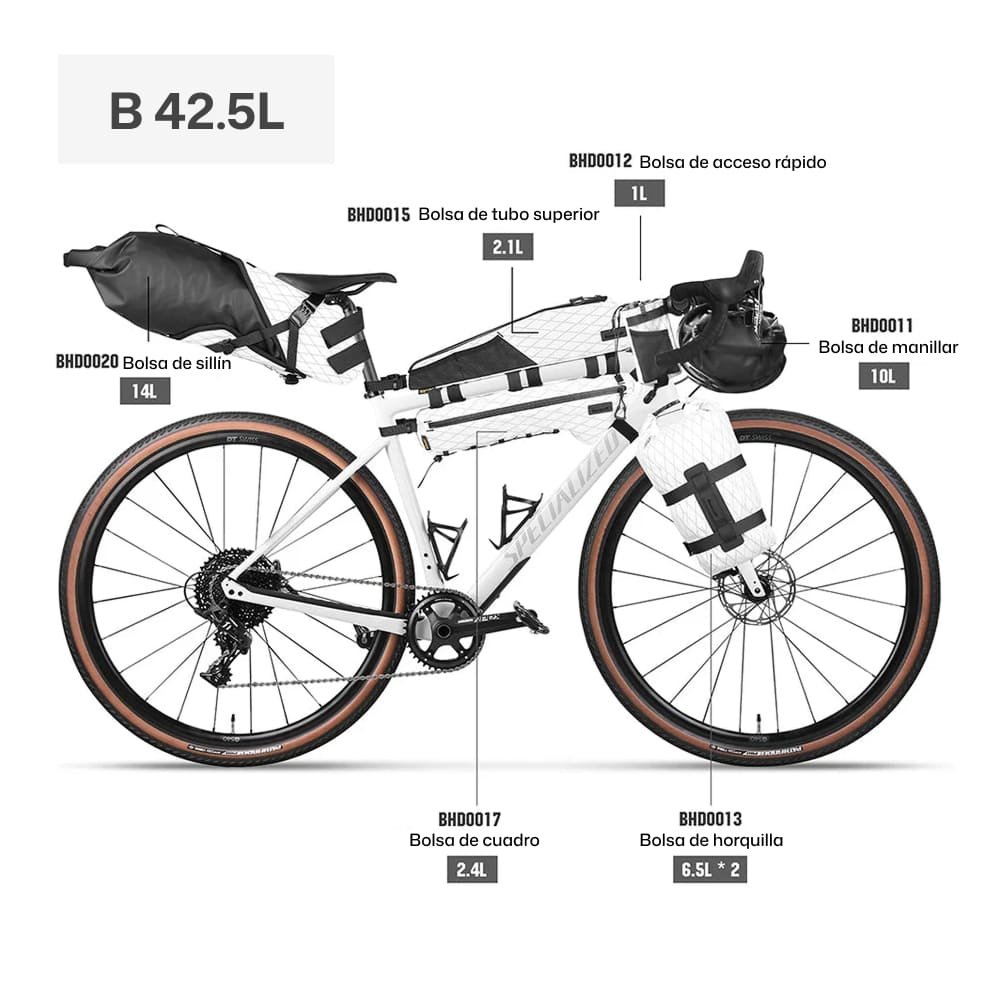 Kit de bolsas para bikepacking Rhinowalk Wilderness Blanco 42,5L Configuración B 42,5L de Rhinowalk Wilderness Blanco