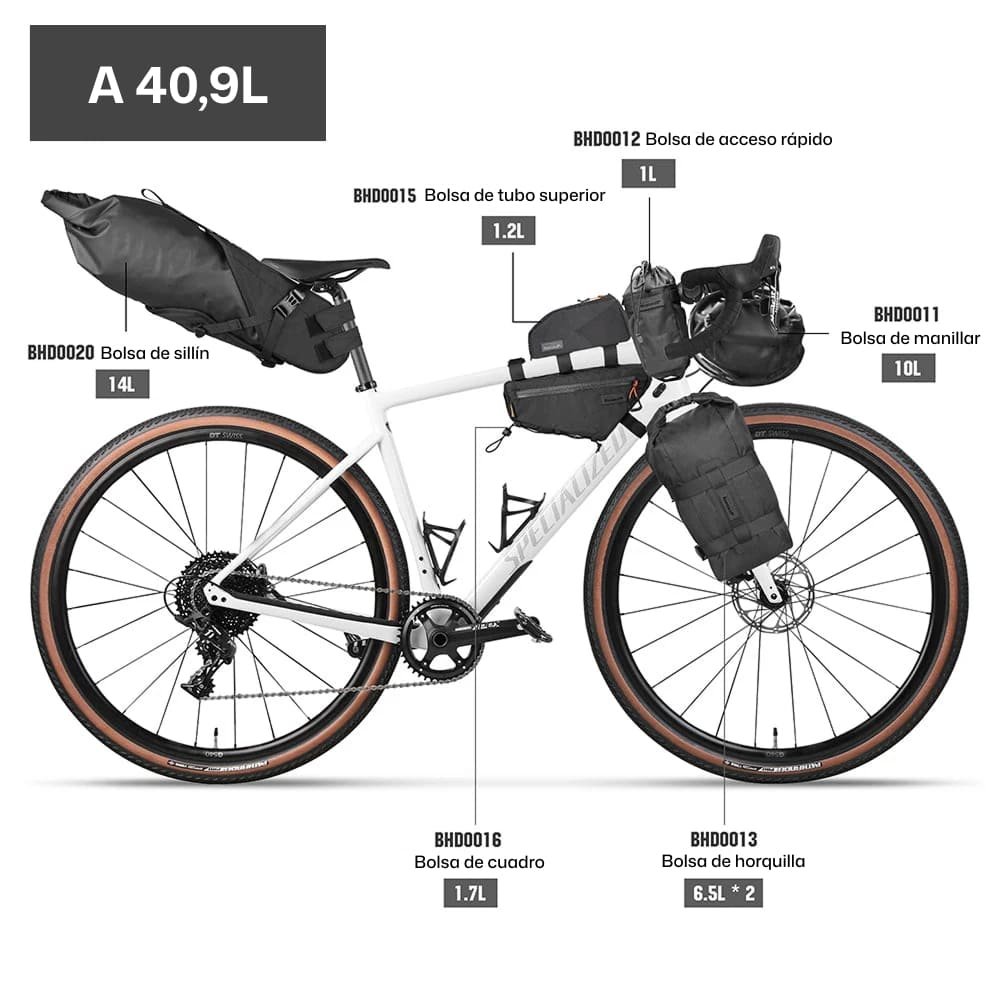 Kit de bolsas para bikepacking Rhinowalk Wilderness Negro 40,9L Configuración A 40,9L de Rhinowalk Wilderness con modelos y capacidades indicados