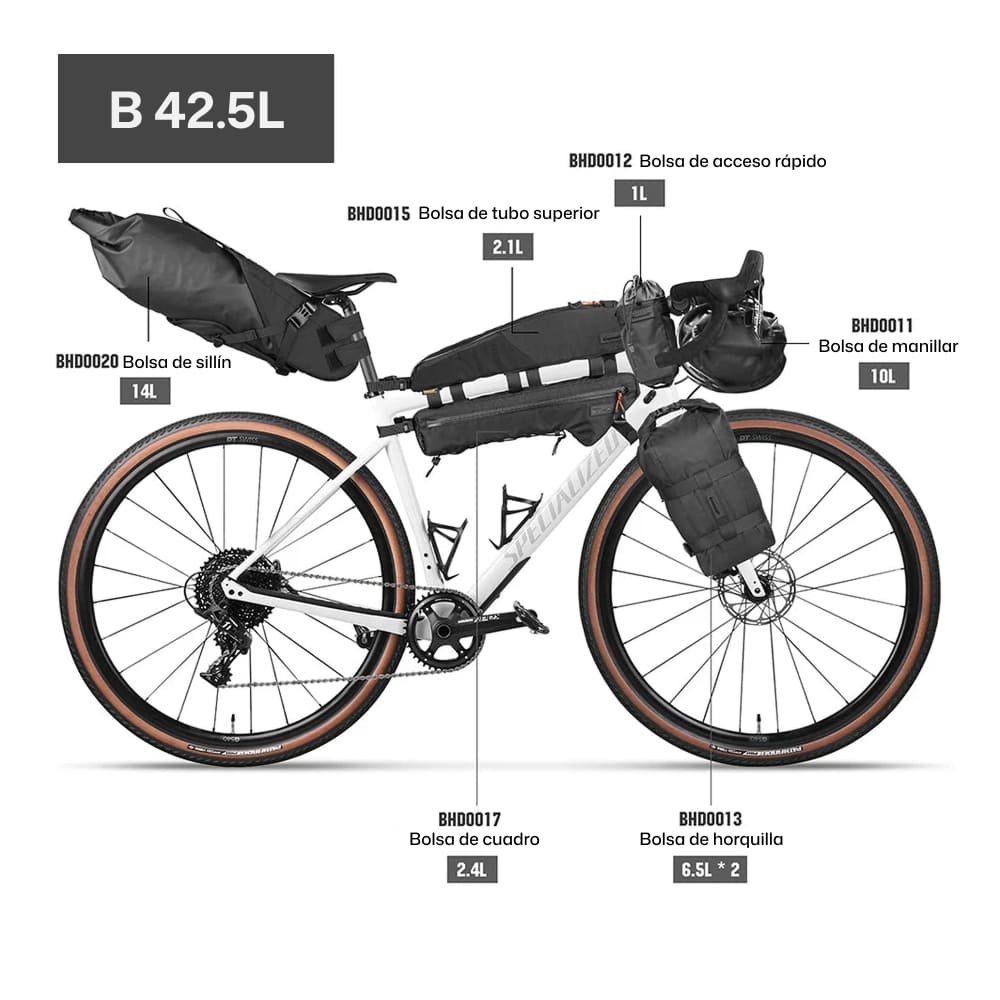 Kit de bolsas para bikepacking Rhinowalk Wilderness Negro 42,5L Configuración B 42,5L de Rhinowalk Wilderness con bolsas largas de cuadro y tubo superior